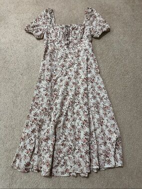 SHEIN Cream Midi Milkmaid Puff Sleeve Dress with Dusty Rose Floral Print